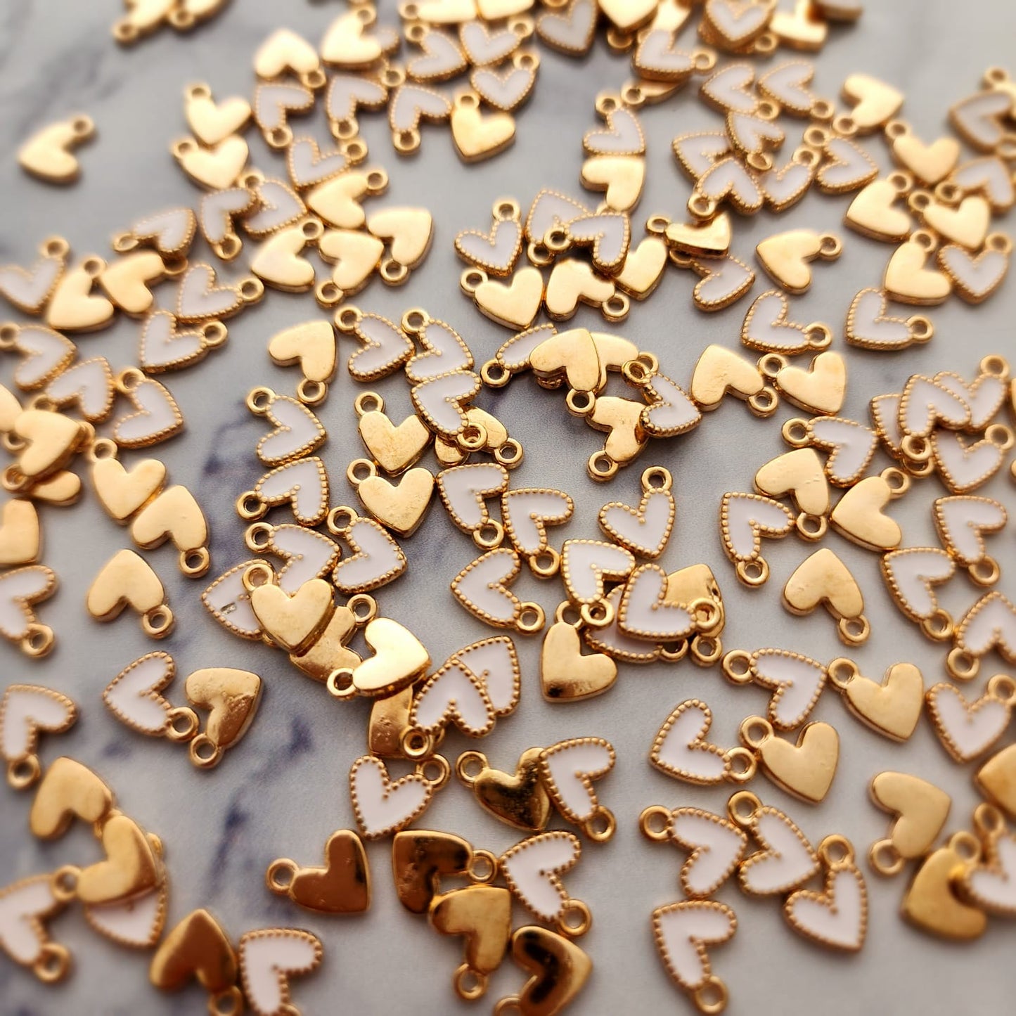 WHITE HEART CHARMS WITH GOLD - NICKEL FREE - FINDINGS