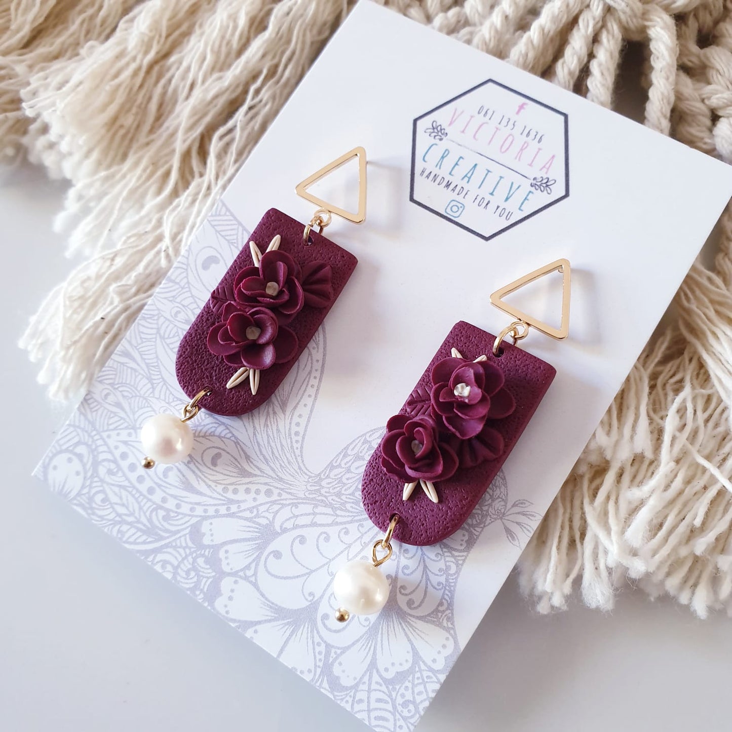 Burgundy Winter Bloom Dangle Polymer Clay Earrings 1