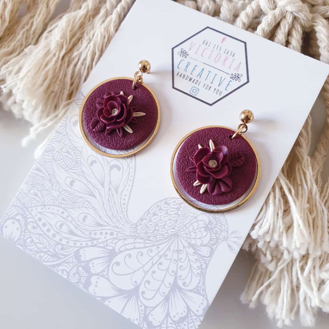 Burgundy Winter Bloom Dangle Polymer Clay Earrings 2