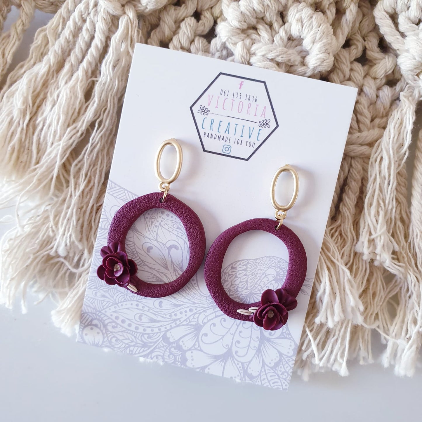 Burgundy Winter Bloom Dangle Polymer Clay Earrings 3
